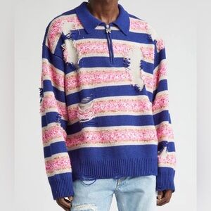 PALM ANGELS Ripped Stripe Zip Polo Sweater In Navy Bluefuc size L
